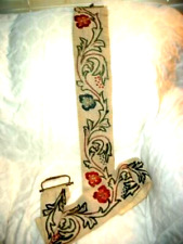 HWR FRENCH LINEN BELL PULL CREWEL EMBROIDERY EXTRA LONG HARDWARE 76 INCHES 1960s picture