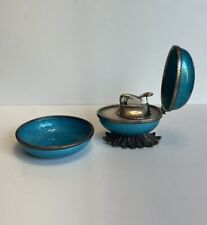 Vintage Blue Glass Enamel EVANS Figural Egg Table Lighter And Ashtray picture