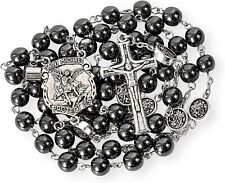 Hematite Black Stone Beads Rosary Necklace with St Michael Centerpiece, Crucifix picture