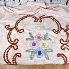 Vintage Chenille Bedspread 1940s 1950s Cutter Repurpose Partial Pink Floral picture