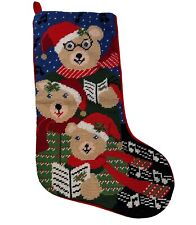 Vintage Needlepoint Caroling Teddy Bears Christmas Stocking Wool Velvet picture