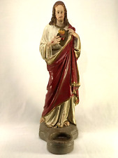 ANTIQUE PLASTER STATUE - FLAMING SACRED HEART of JESUS VOTIVE - 13.5” T - LOVELY picture