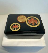 Vintage Asian Black Lacquer Ware Lidded Box Mon Sasa Gosan Emblems Symbols  picture