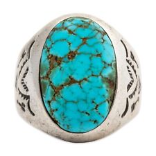 EARLY NATIVE BELL TRADING POST STERLING #8 MINE TURQUOISE ARROW & STAMPS RING 8 picture
