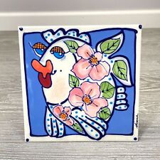 2001 Diane Artware Kissing Fish 6in Ceramic Tile Trivet Decor Pink Blue Floral picture