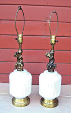 2 Large White Glass Table Lamps Vintage Retro Hollywood Regency 70s w/Brass picture