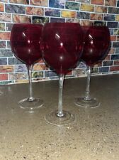 3 Ruby Red Wine Balloon Glasses Holiday Crystal Goblets Long Stem picture