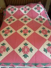 Stunning Vintage Hand Stitched Applique Quilt Pink Green Tulips Roses 89