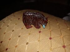 AMBER CARVING  Native American ZUNI FETISH Bear Turquoise Eyes And Fish picture