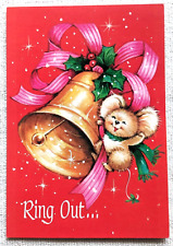Unused Vintage MOUSE Christmas Greeting Card Bell Ring Rung Pink Ribbon Olympia picture