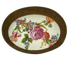 Mackenzie Childs White Flower Market Rattan Wicker Serving Tray  11”x15” Roses picture