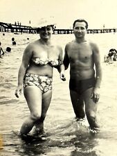 1960s Handsome Trunks Bulge Man Pretty Woman Bikini Hat Vintage Photo Snapshot picture