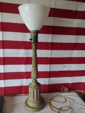 Vintage Mid Century Heavy Brass Color Torchiere Large table Lamp Milk Glass picture
