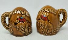Vtg Salt & Pepper Shakers Brown Pottery WYOMING Cowboy Rodeo Let'er Buck Japan picture