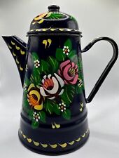 Black Enamel Teapot Coffee Pot Hand Painted Flowers by Ann Playle Scotland 9