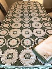 Vintage Green Crochet Tablecloth With 8 Napkins, 102