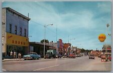 St Ignace MI State Street Vintage Shell Gasoline Sign Old Truck c1950s Postcard picture