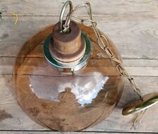 Vintage MCM Hanging Lamp Amber Glass Teak Wood Original Chainlink Wiring picture