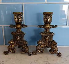 Ornate Brass Candle Holders Candlesticks Rococo Regency Style Set of 2 Vintage picture