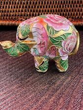 Vintage Small Gold Brass Enamel Cloisonné LUCKY ELEPHANT ▪︎Trunk Up FIGURINE 3” picture