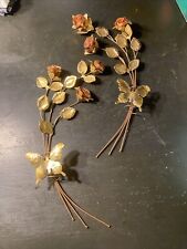 Vtg Metal Home Interior Rose Butterfly Wall Hanging Gold Copper Brass Pair 19” picture