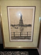 Statue of Liberty & Harbor Scene Signed L. Meslay Ink On Paper Matted Framed picture