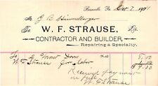 Vintage BILLHEAD*1911 W F STRAUSE*CONTRACTOR & BUILDER*BERNVILLE, PA  *J25 picture