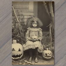 POSTCARD Weird Creepy Vintage Vibe Scary Girl Halloween Pumpkins Unusual picture
