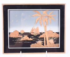 Carved Cork Island Palm Tree Sailing Scene 7x9 Asian Chinese 3D Art Under Glass picture