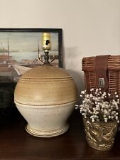 MCM  Vintage Pottery Table Lamp LGE Brown Striped With Flower- Embossed-Unique picture