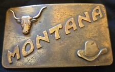 Vintage Montana Brass Belt Buckle - Square Shape Featuring Steer and Cowboy Hat picture