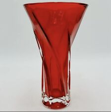 Ruby Red Art Glass Vase w/ Clear Glass Swirling Bottom, 9” Tall (BEAUTIFUL) picture