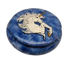 Vintage Hand Painted Unicorn Blue/ White Ceramic Round Trinket Jewelry Box OOAK picture